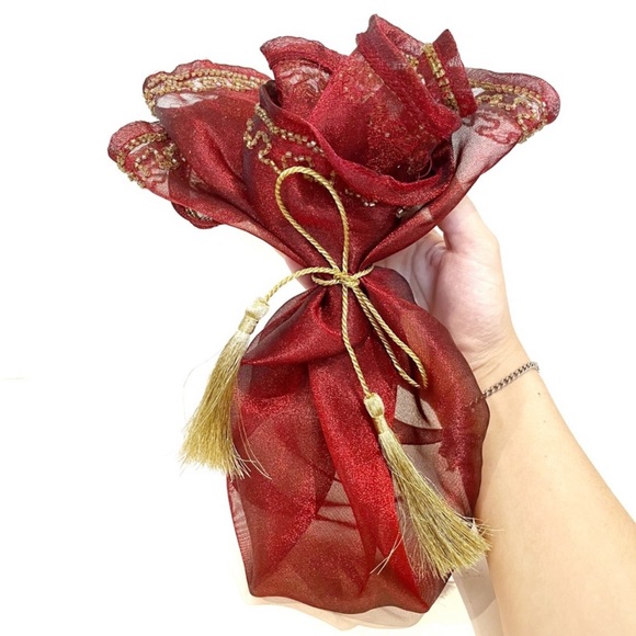 Bombay Beaded Mesh Red Gold Decorative Tie Up Sachet Bag Gift Wrap Tassels Nice - Picture 1 of 6